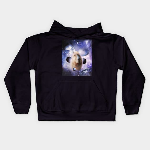 Capybara Face In Cosmic Galaxy Lightning Moon Space Kids Hoodie by Random Galaxy